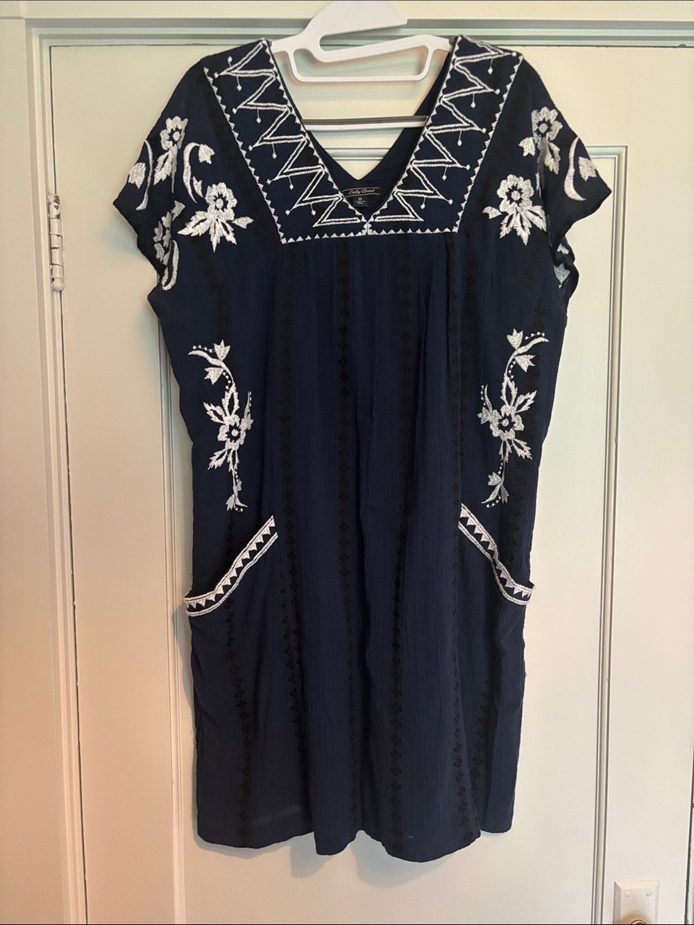 Lucky Brand Gauzy Navy Mini Dress with White Floral Embroidery